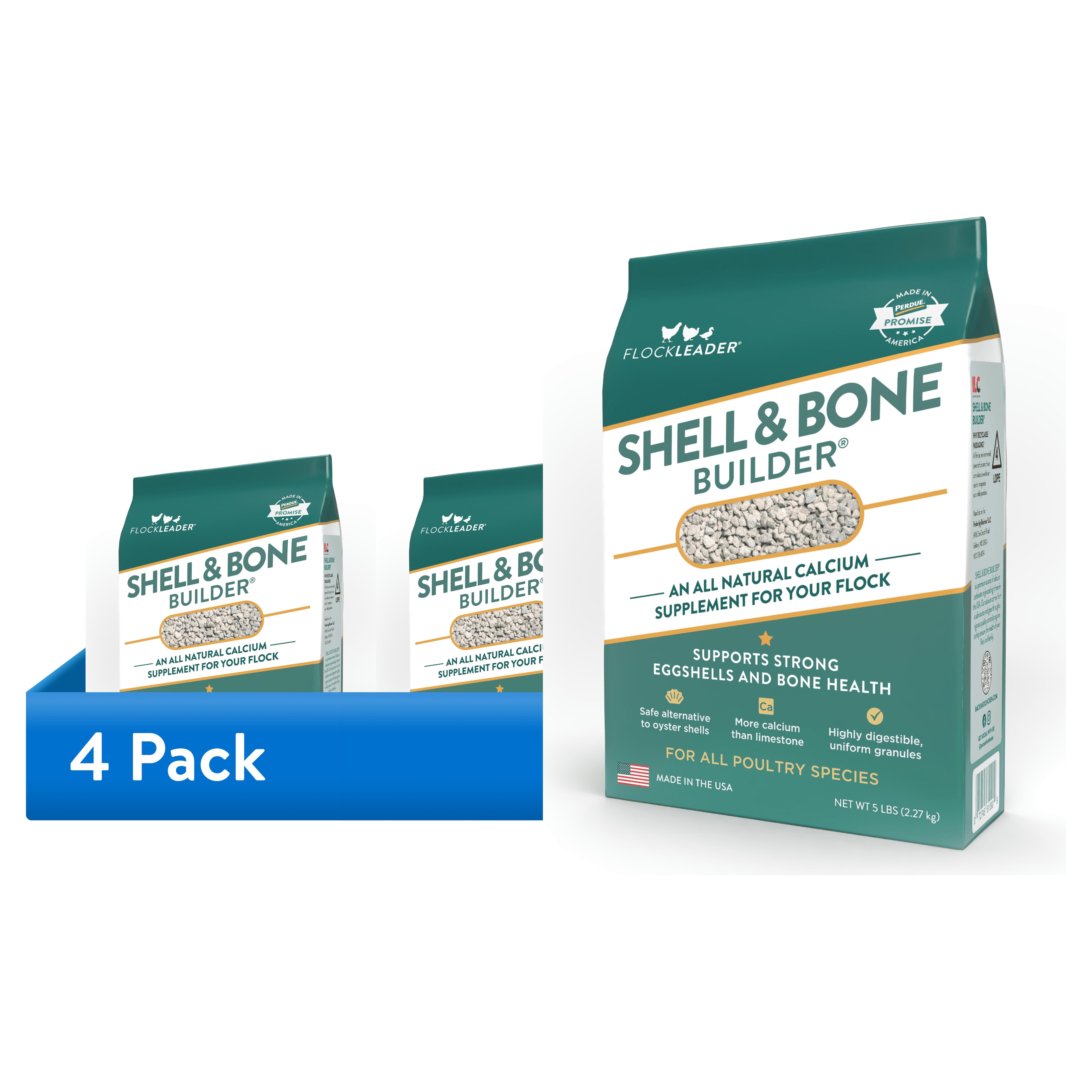 (4 pack) FlockLeader Shell & Bone Builder® for Chickens – All Natural Calcium Supplement for Laying Hens to Support Strong Eggshells and Bone Health, Poultry Mineral Feed for Chickens, 5 Pounds