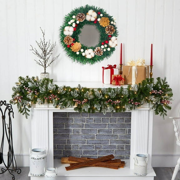 Flocked Artificial Christmas Garland with Pinecones Pre-Lit Battery Operated 9FT Green Frosted Snowy Garland for Staircase Mantel Fireplace Banister Indoor Outdoor Holiday Home Decorations