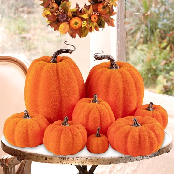 Flocked Artificial Pumpkins Fall Decorations, Fake Pumpkin for Autumn Harvest Halloween Thanksgiving Faux Pumpkins Home Table Decor 8 Pcs