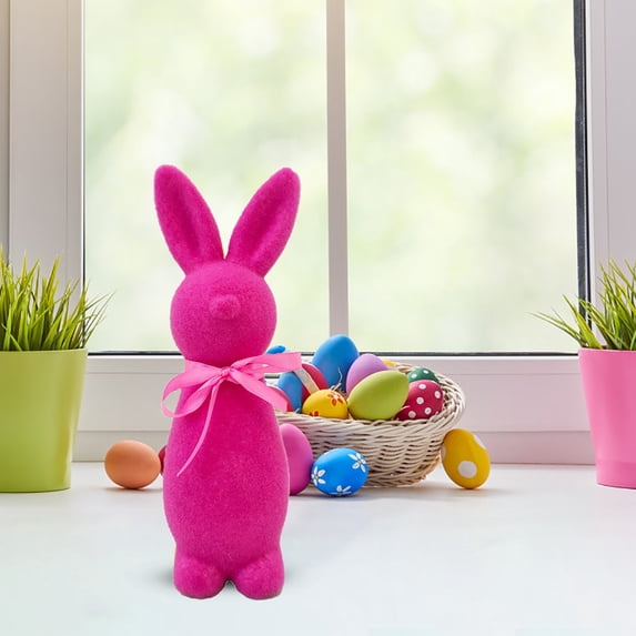 Flocked Bunny Easter Decorations, Easter Bunnies Figurines with Bow, Easter Simulation Plush Bow Rabbit, for Easter Home Office Party Table Centerpiece Decoration