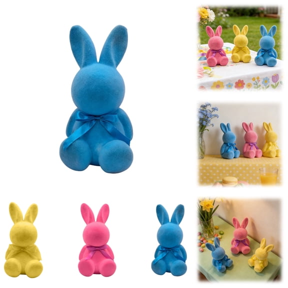 Flocked Bunny Easter Decorations with Bow Ties, Rabbit Figurines for Easter Centerpieces, Spring Tabletop Shelf Decor & Seasonal Gift (Royal Blue)