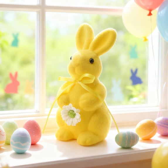 Flocked Bunny Figurine with Bow Tie, 7.8 Inch Easter Decoration, Standing Rabbit Tabletop Ornament with Daisy Flower Accent, Spring Home Decor (Yellow)