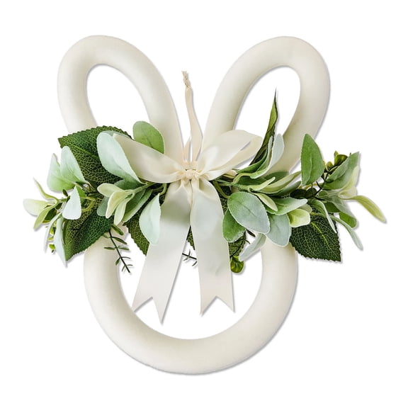 Flocked Bunny Head Wreath, Easter Wreath with Artificial Greenery, for Front Door Spring Hanging Decorations White