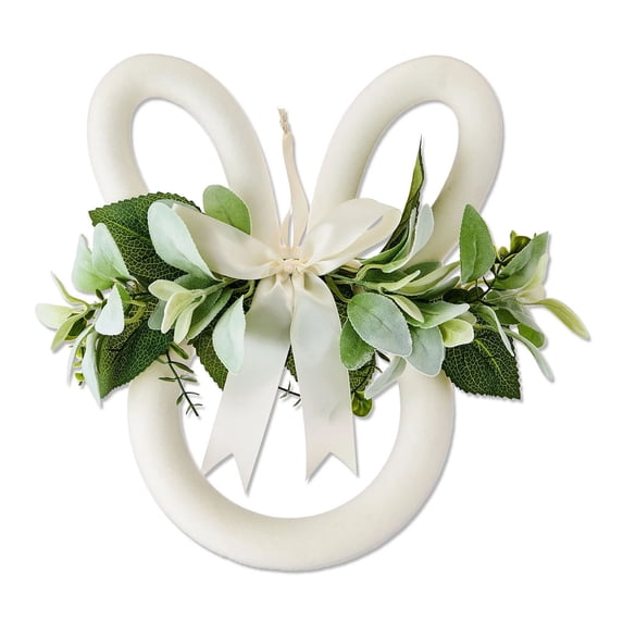 Flocked Bunny Head Wreath, Easter Wreath with Artificial Greenery, for Front Door Spring Hanging Decorations White