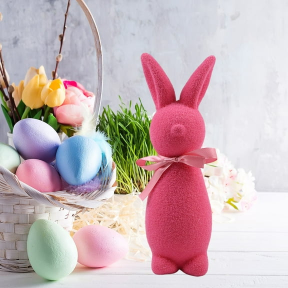 Estatua de conejo de Pascua con lazo, brillante, para escritorio, de espuma flocada, para decoración de interiores, 23 cm (9 pulgadas)
