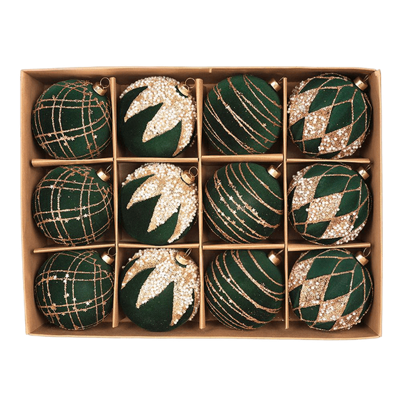Flocked Christmas Ball Decorations Set, 12-Piece Painted Christmas Tree Ornaments With Assorted Patterns, Decorative Hanging Ornaments For Christmas Trees Perfect For Festive