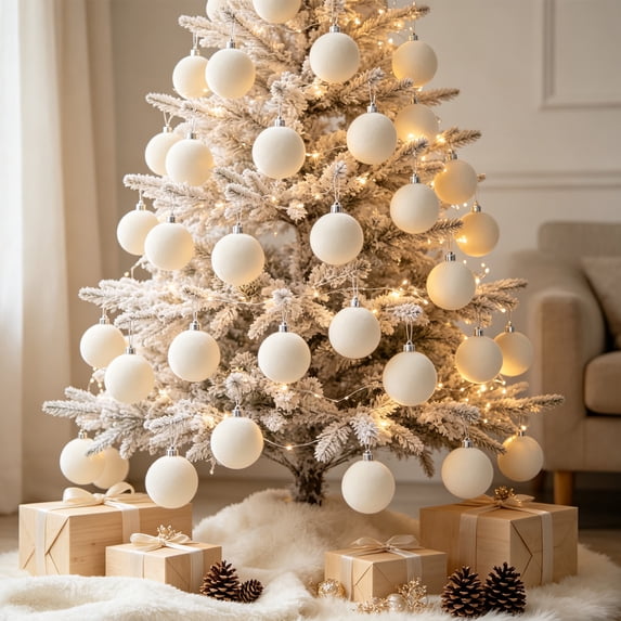 Flocked Christmas Ball Ornament, 3.15 Inch, Plastic, for Tree, Wreath, Garland, Cream, Seasonal Home Accent