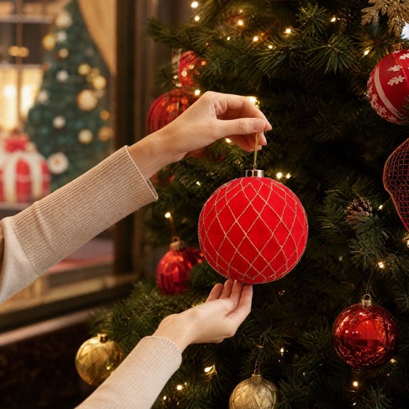 Flocked Christmas Ball Ornament, 6-Inch Red Plastic Bauble with Gold Thread Pattern for Tree and Party Decor