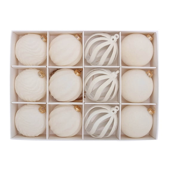 Flocked Christmas Ball Ornaments, 12 Pack 2.36 Inch Beige Plastic Tree Decor