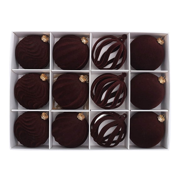 Flocked Christmas Ball Ornaments, 12 Pack 2.36 Inch Coffee Brown Plastic Tree Decor