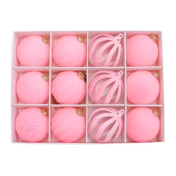Flocked Christmas Ball Ornaments, 12 Pack 2.36 Inch Pink Plastic Tree Decor