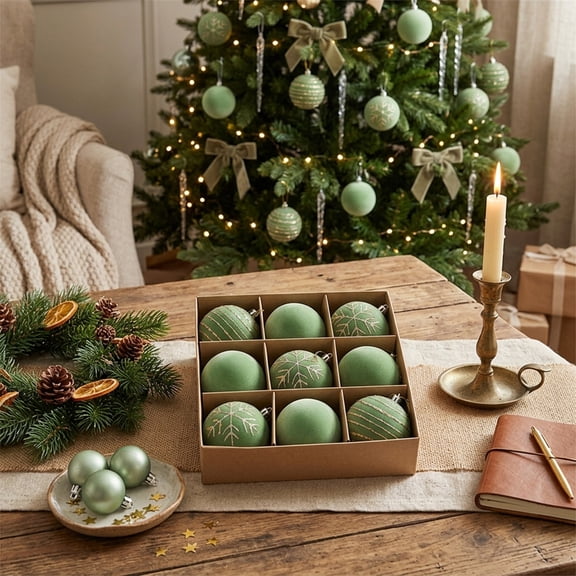 Flocked Christmas Ball Ornaments, 9 Pack Light Green Velvet Finish Baubles with Glitter, Shatterproof Plastic Tree Hanging Decor for Holiday Parties, Wreaths, Mantels, and Gift Giving