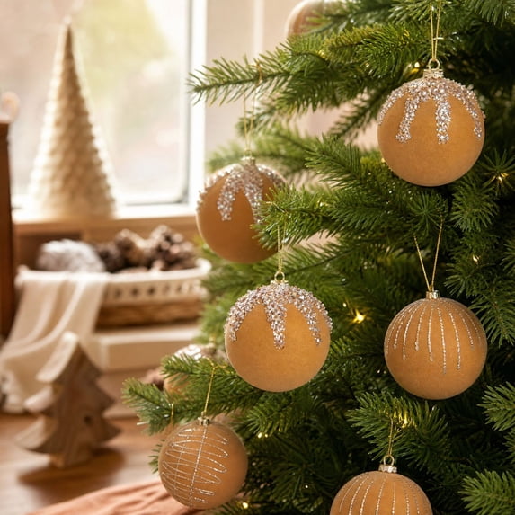 Gllinter Design Flocked Christmas Ball Ornaments, Gold, 9-Piece Boxed Set, 2.95 in ...