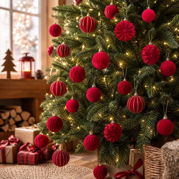 Flocked Christmas Ball Ornaments Set, Mixed Style Hanging Tree Decorations for Holiday Party Wedding Decor 18 Pack