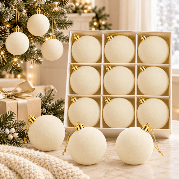 Flocked Christmas Ball Ornaments Set of 12, 2.4 in Plastic Baubles with Metal Caps and Hanging Ropes for Christmas Tree Decoration Beige