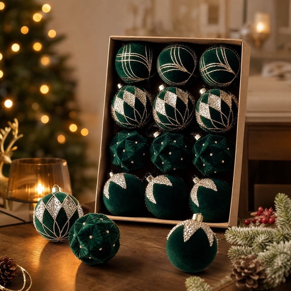 Flocked Christmas Ball Ornaments Set of 12, Textured Xmas Tree Baubles, Hanging Holiday Decorations for Tree Wreath Home Party Decor - Green