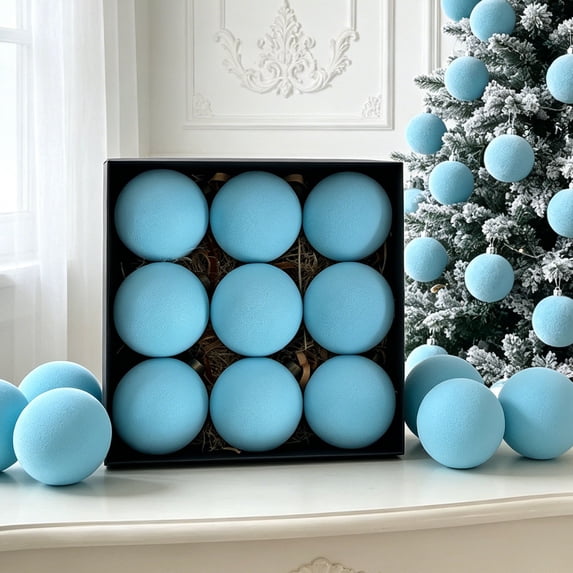 Flocked Christmas Ball Ornaments Set of 9, Large Textured Velvet Baubles for Christmas Tree, Matte Holiday Decorations for Tree and Garland - Blue