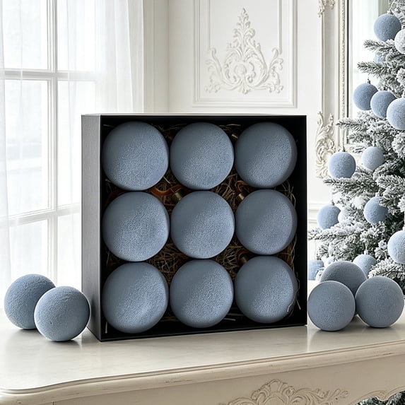 Flocked Christmas Ball Ornaments Set of 9, Large Textured Velvet Baubles for Christmas Tree, Matte Holiday Decorations for Tree and Garland - Gray