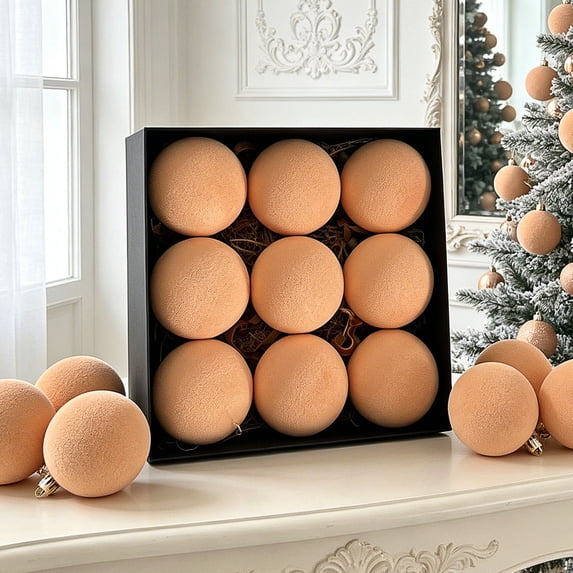 Flocked Christmas Ball Ornaments Set of 9, Large Textured Velvet Baubles for Christmas Tree, Matte Holiday Decorations for Tree and Garland - Khaki