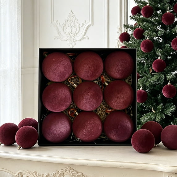 Flocked Christmas Ball Ornaments Set of 9, Large Textured Velvet Baubles for Christmas Tree, Matte Holiday Decorations for Tree and Garland - Wine