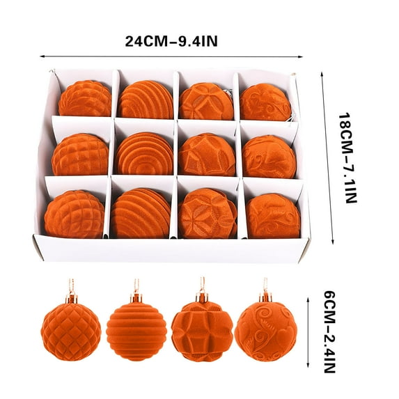 Flocked Christmas Ball Set Ornaments, 12PCS Vintage Christmas Plastic Ball Ornaments, Xmas Tree Hanging Decoration for Xmas Party Wedding Home Decor(Orange)
