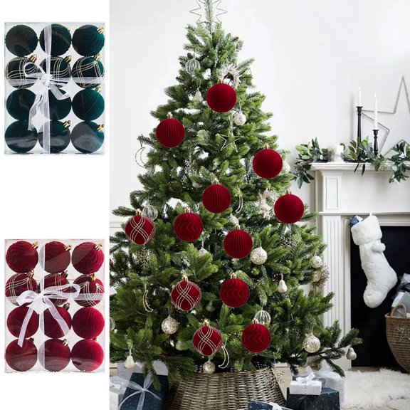 Flocked Christmas Balls, 6cm Plush Ornaments, 12-Pack Multi-Color Set with Hooks, Home Holiday Decor,Vsgery