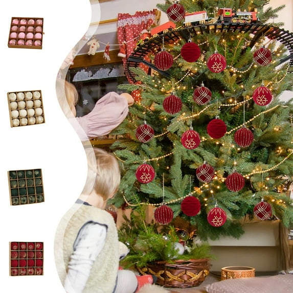 Flocked Christmas Balls Set, 16 Piece Christmas Ornament Decor, Multiple Styles for Tree & Party, Shatterproof, Elegant Red & Gold, Holiday Decorations, Indoor Use, Festive Accessories