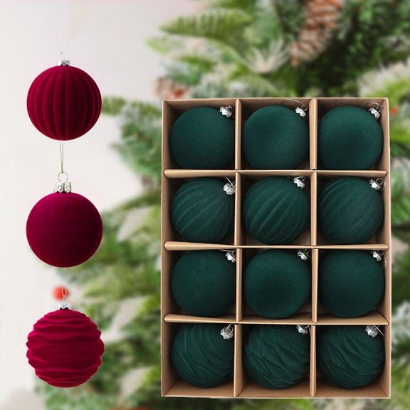 Flocked Christmas Balls, Velvet Tree Ornaments, Holiday Decorations, Festive Sphere Decor, Xmas Tree Balls, Green Christmas Ornaments