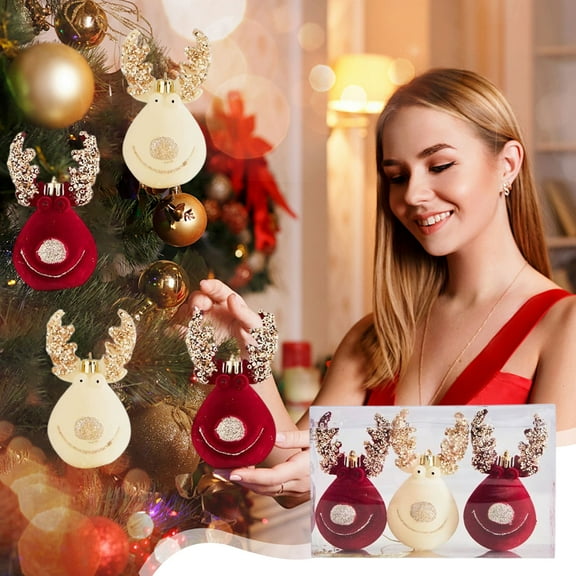 Flocked Christmas Deer Ornament, Red Velvet Finish Holiday Ball with Hanging Loop for Xmas Tree Decor, Festive Home Decoration(Red)