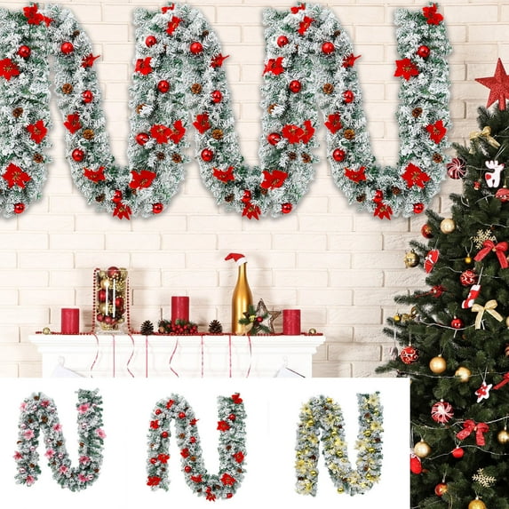 Flocked Christmas Garland Christmas Decorative Rattan White Flocked Doorway Staircase Handrail Decorations Pines Branches Rattan Set Outdoor Christmas Garlands