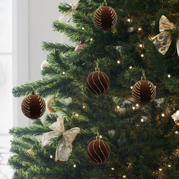 Flocked Christmas Ornaments, 6cm Glitter Hanging Balls, 4pcs Decorative Plastic Christmas Tree Balls for Holiday Tree, Home, Party, Wreaths, and Festive Decorations Brown