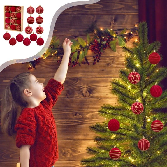 Flocked Christmas Ornaments Set of 12, 6cm Premium Suede Hanging Balls for Xmas Tree Decor, Holiday Party Wedding Home Decorations