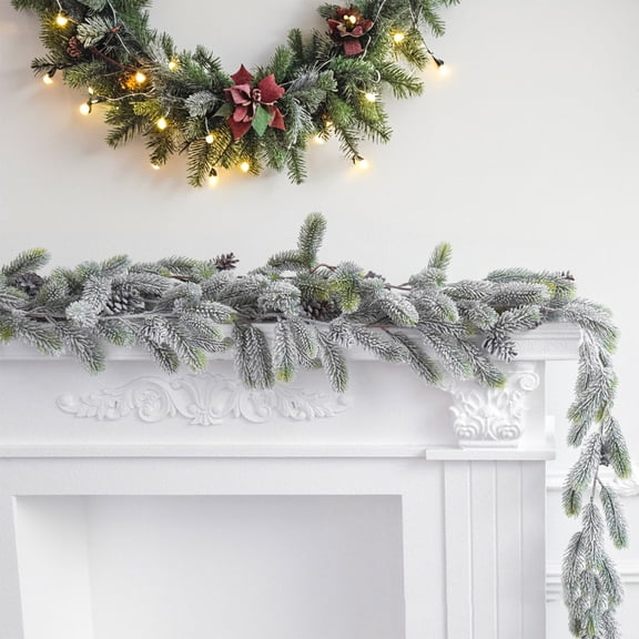 Flocked Christmas Pine Garland, 71In Simulation Pine Needle Rattan, Snowflake Vine Decoration, Winter Holiday Garland, Rattan Strip for Christmas Door, Window, Fireplace Holiday Decoration