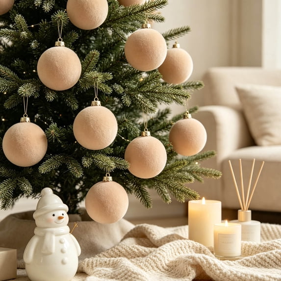 Flocked Christmas Tree Ornaments, 6 Pack 6Cm Velvet Christmas Balls, Shatterproof Hanging Decorations for Holiday Tree, Wreath, and Home, Light Yellow