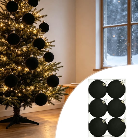 Flocked Christmas Tree Ornaments, 6 Pack 6Cm Velvet Christmas Balls, Shatterproof Hanging Decorations for Holiday Tree, Wreath, and Home, Black
