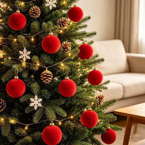 Flocked Christmas Tree Ornaments, 6 Pack 6Cm Velvet Christmas Balls, Shatterproof Hanging Decorations for Holiday Tree, Wreath, and Home, Red