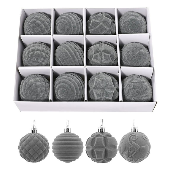 Flocked Christmas Tree Ornaments Set of 12 Pieces, Boxed Velvet Textured Balls with Hanging Ropes, Easy to Hang for Holiday Home Decorations and Xmas Party
