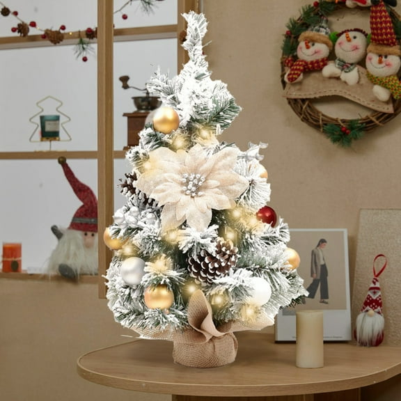 Flocked Christmas Tree,Small Tabletop Pre Lit Christmas Tree Decorated Artificial Snow Xmas Tree with Balls Ornaments and Pinecones for Home Decorations Centerpiece Fireplace Desktop Table Top Decor