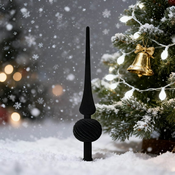 Flocked Christmas Tree Topper Star, Long Pointed Plastic Velvet Tree Top Decoration for Holiday Home Festive Decor and Christmas Party Supplies(Black)