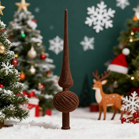 Flocked Christmas Tree Topper Star, Long Pointed Plastic Velvet Tree Top Decoration for Holiday Home Festive Decor and Christmas Party Supplies(Brown)