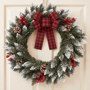 Flocked Christmas Wreath 21.6 Inch Xmas Wreaths for Front Door with Red Black Buffalo Plaid Bow, Artificial Winter Wreath with Pine Cones & Red Berries for Wall, Window Decor