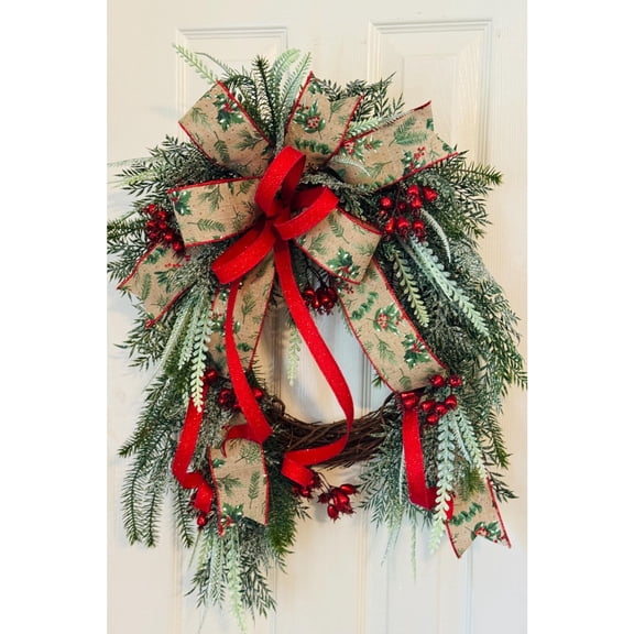 Flocked Christmas Wreath with Icy Winter Greenery, Red Berries, Ribbon, 20''W x 28''H x 8''D