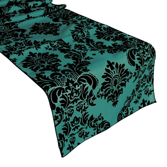 Flocked Damask Table Runner Aqua Green
