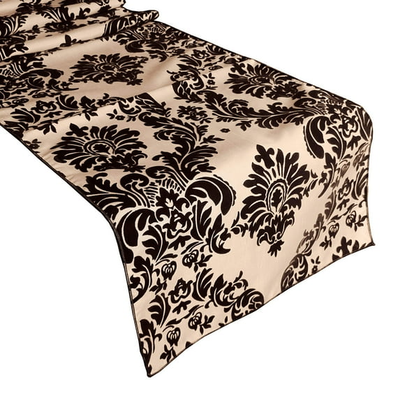 Flocked Damask Table Runner Black on Beige