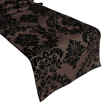 Flocked Damask Table Runner Black on Brown