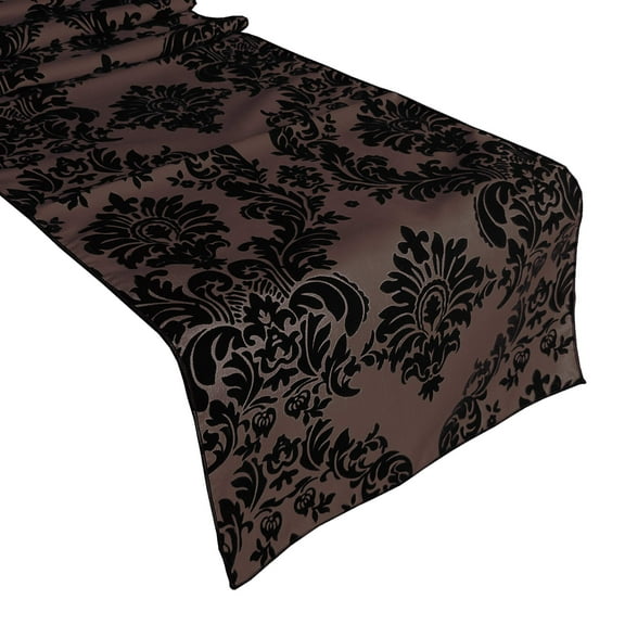 Flocked Damask Table Runner Black on Brown