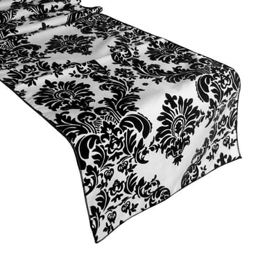Flocked Damask Table Runner Black on White