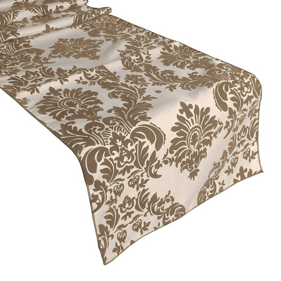 Flocked Damask Table Runner Brown on Ivory
