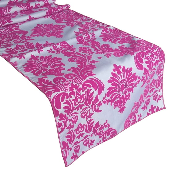 Flocked Damask Table Runner Fuchsia on White