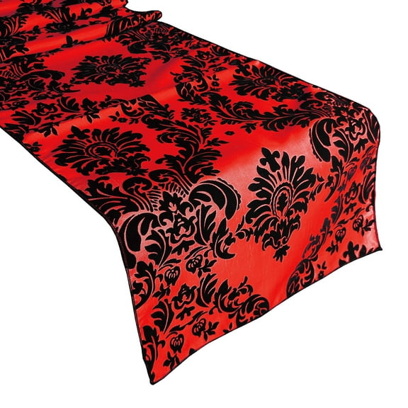 Flocked Damask Table Runner Red